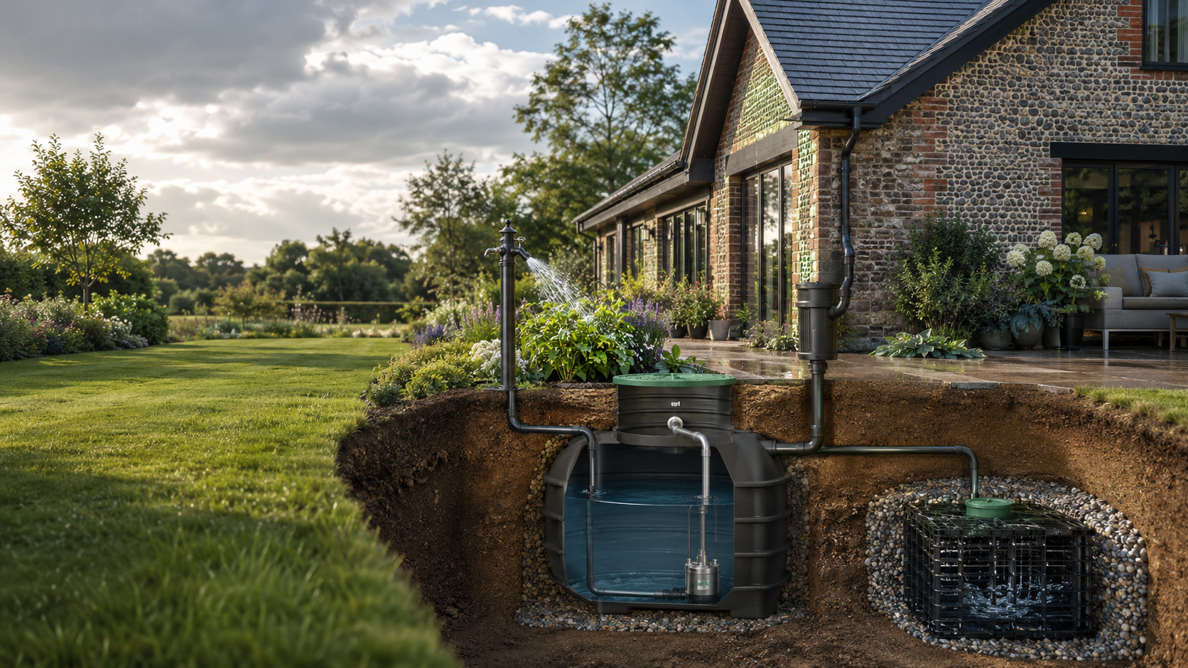 Cutaway view of a home rainwater harvesting system with underground tank, overflow soakaway and garden tap
